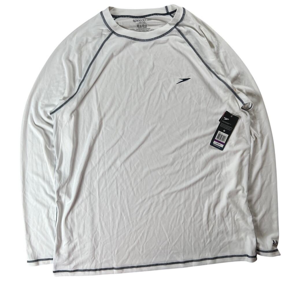 NWT Speedo Men's Uv Swim Shirt Long Sleeve Loose Fit Easy Tee, White, XXL